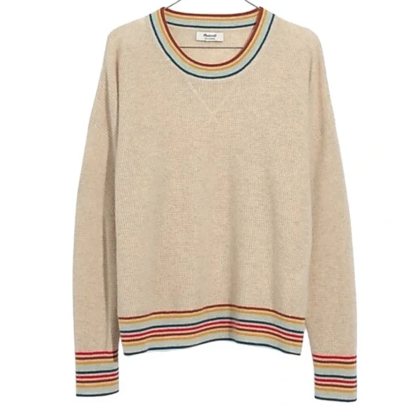 Madewell Rainbow Trim Tan Cashmere Waffle Sweatshirt Sweater - Picture 3 of 12